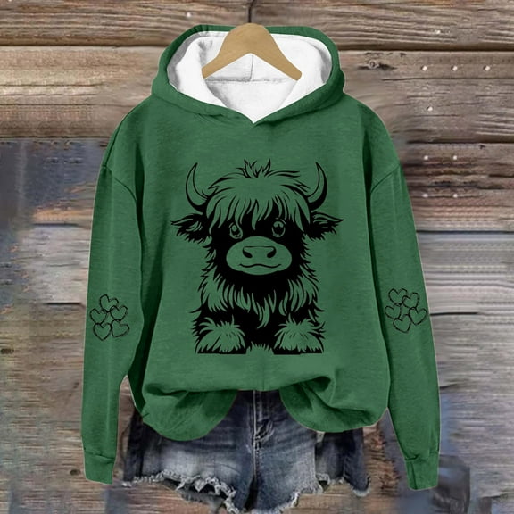 Womens Hoodies Fashion Retro Cow Print Loose Sweatshirts Long Sleeved Tops Fall Winter Sweatshirt Hooded Pullover Tops