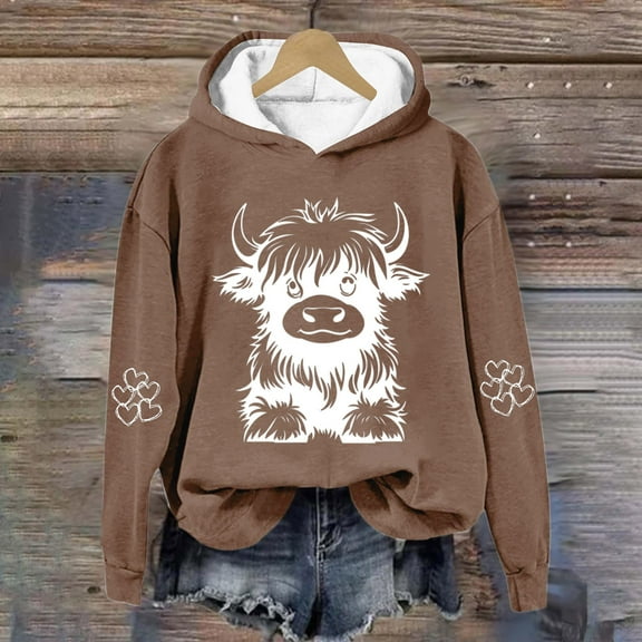 Womens Hoodies Fashion Retro Cow Print Loose Sweatshirts Long Sleeved Tops Fall Winter Sweatshirt Hooded Pullover Tops
