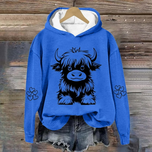 Womens Hoodies Fashion Retro Cow Print Loose Sweatshirts Long Sleeved Tops Fall Winter Sweatshirt Hooded Pullover Tops