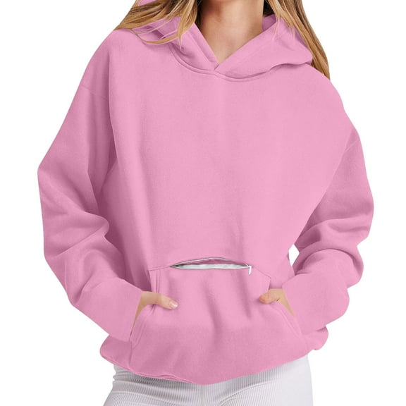 Womens Hoodies Fleece Long Sleeve Fall Winter Pullover Sweatshirts Fashion Solid Warm Soft Sweatshirts with Pocket Pink XXL