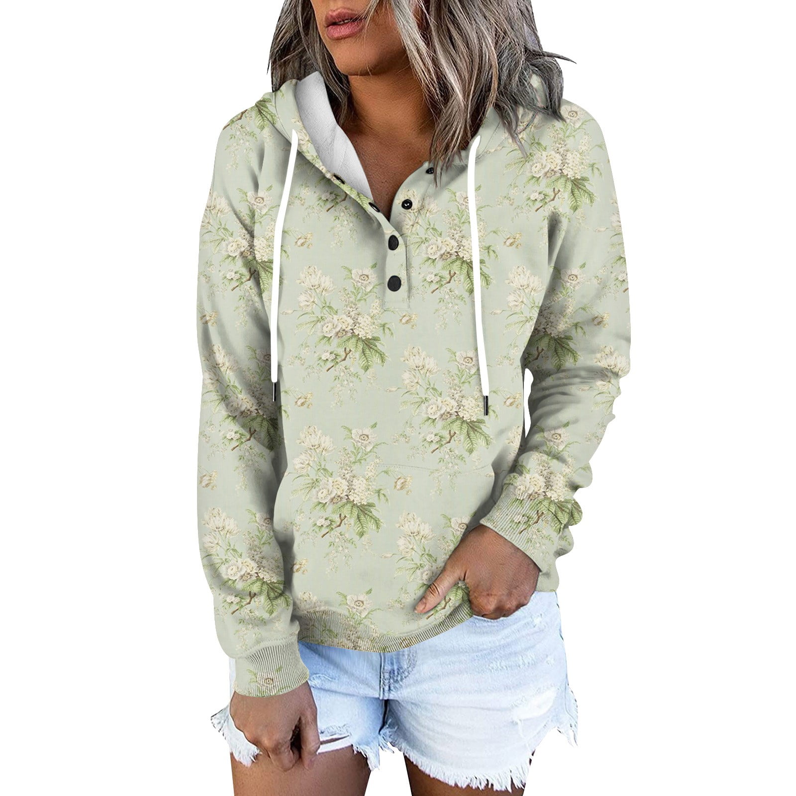 Womens Hoodies Floral Print Hooded Sweatshirts Button Down Drawstring