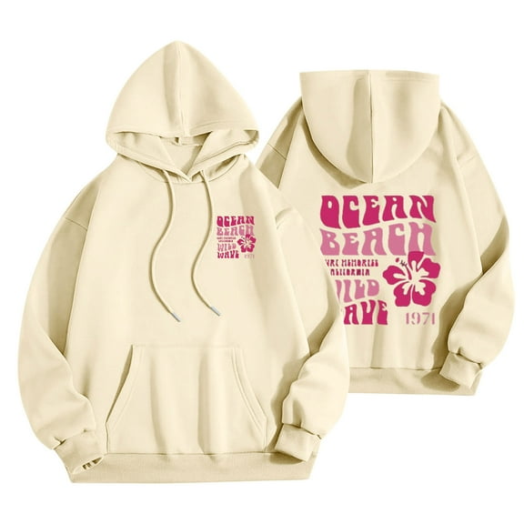 Womens Hoodies Funny Letter Printed Baggy Y2k Hooded Sweatshirt with Pocket Drawstring Pullover Top Outwear (L, Beige)
