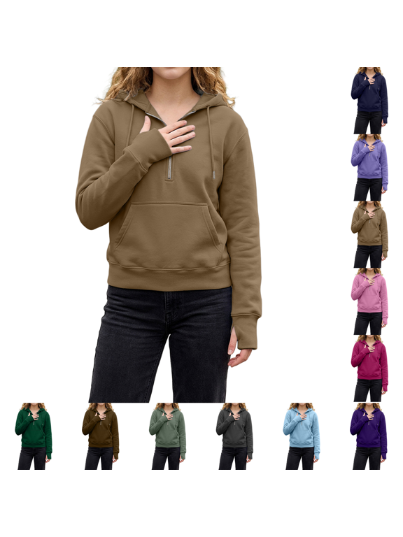 Womens Hoodies Half Zip Up Casual Comfort Fall Clothes Fleece lined, quarter zip, hooded, jackets with pockets, travel airport ,y2k sweatshirts, loung wear, winter fashion