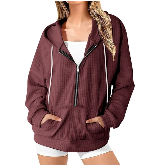 Womens Hoodies Half Zip Drawstring Long Sleeve Active Textuered Soft Sweatshirts for Women with Pocket Dressy Casual Waffle Pullover Tops Loose Hooded Sweatshirt