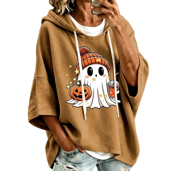 Womens Hoodies Halloween Casual Ghost Print 3/4 Sleeve Festive Party Pullover Sweatshirt Tops Fall Winter Warm Outfit Khaki XXXL