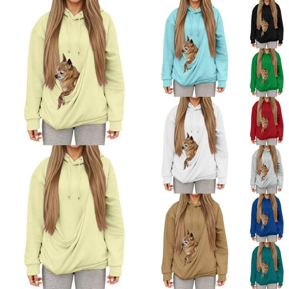 Womens Hoodies with Large Pocket Pouch For Cats Dogs Soft Cute Pullover Hooded Sweatshirt Fall Winter Casual Comfortable Hoodies for Women Light Yellow XXL