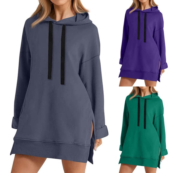 Womens Hoodies Lone Dresses Cuff Sleeve Loose Plus Size Thermal Fall Winter Dresses to Wear with Leggings 2025 Gray L