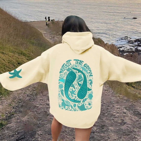 Hoodies for Women Long Sleeve Beach Surf Print Loose Sweatshirt Casual Pullover Summer Holiday Wear Beige L