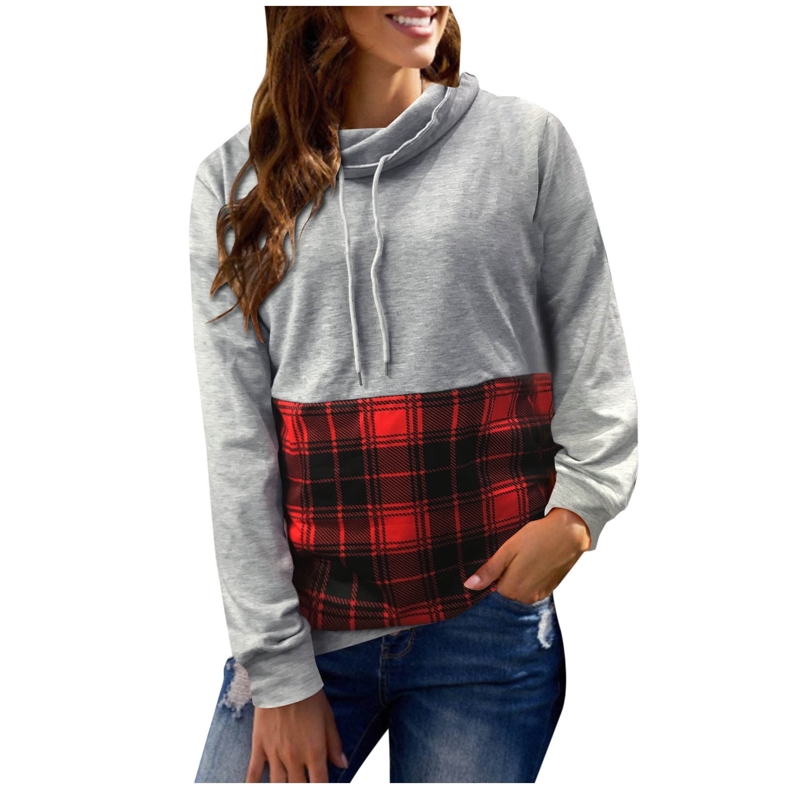 Womens Hoodies Long Sleeve Plaid Patchwork Hooded Sweatshirt with Thumb  Holes Casual Cowl Neck Sweater Top - Walmart.com