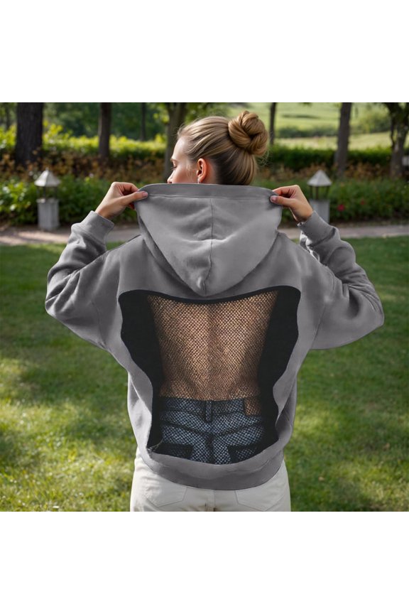 Womens Hoodies Long Sleeve Solid Color Backless Mesh Cutout Sweatshirt Stylish Casual Daily Wear Grey XS