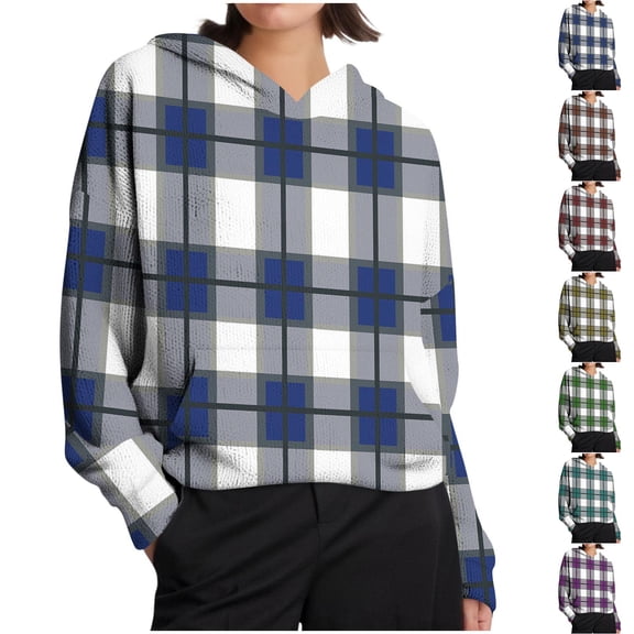 Womens Hoodies Long Sleeve Sweatshirts with Pockets Plaid Printed Loose Casual Sweatshirts for Women