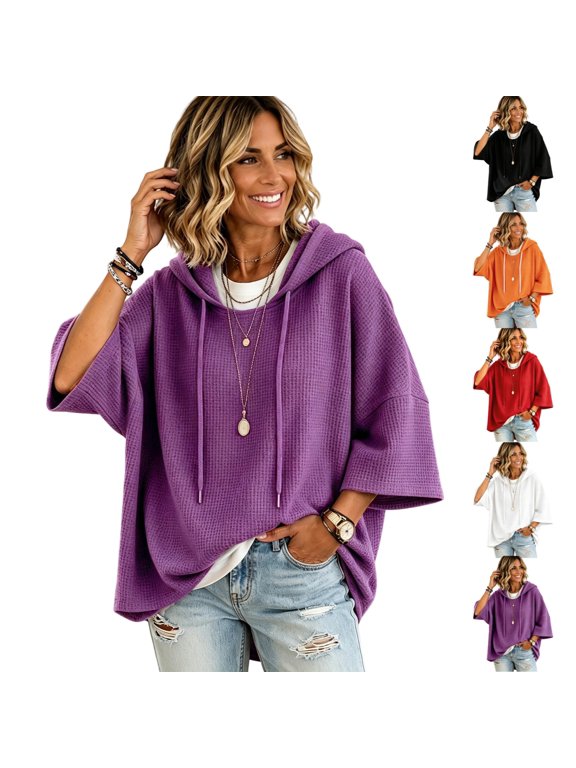 Womens Hoodies Loose Fit Drawstring Waffle Hoodie Sweatshirt 3/4 Batwing Sleeve Fall Clothes for Women Trendy Casual Pullover Hoodie Purple M