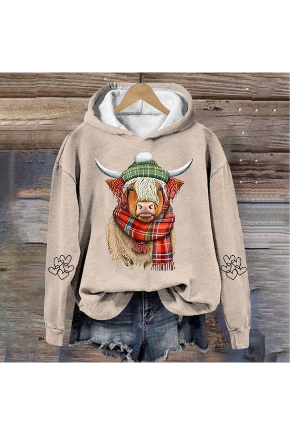 Womens Hoodies Mellow Pullover Hoodie Long Sleeve Cow Print Loose Autumn Winter Basic Daily Top Sweatshirt for Women