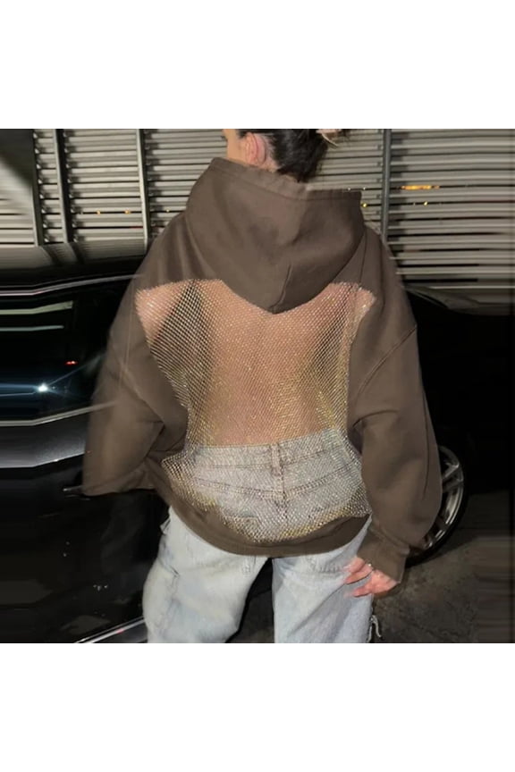 Womens Hoodies Mesh Patchwork Backless Hollow See-Through Pullover Trendy Casual Loose Sweatshirts With Pockets (XXL, Brown-A)