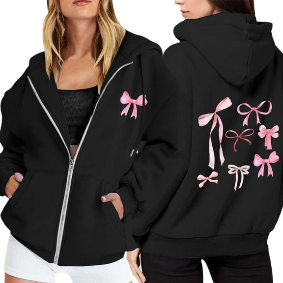 Womens Hoodies Oversized Bowknot Print Long Sleeve Zip Up Hooded Sweatshirts Lightweight Fashion Casual Winter Warn Jackets