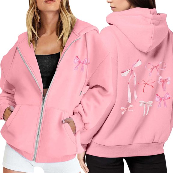 Womens Hoodies Oversized Bowknot Print Long Sleeve Zip Up Hooded Sweatshirts Lightweight Fashion Casual Winter Warn Jackets