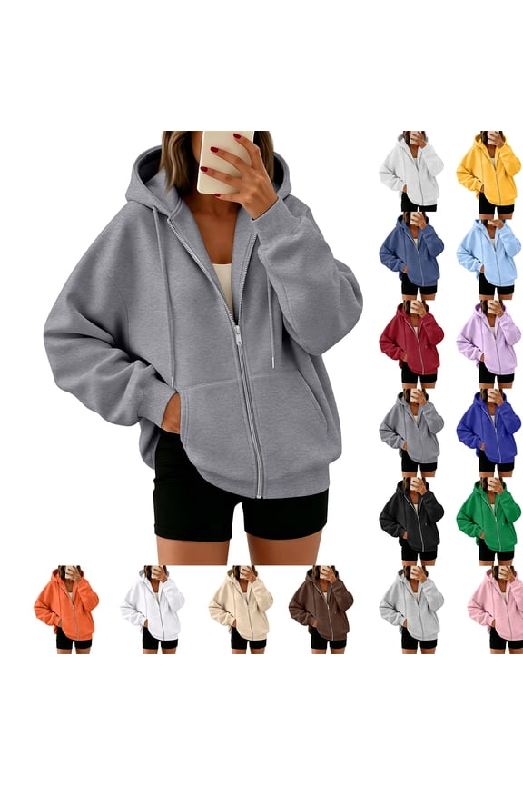 Womens Hoodies Oversized Long Sleeve Sweatshirt Full Zip Fall Jacket with Kangaroo Pocket