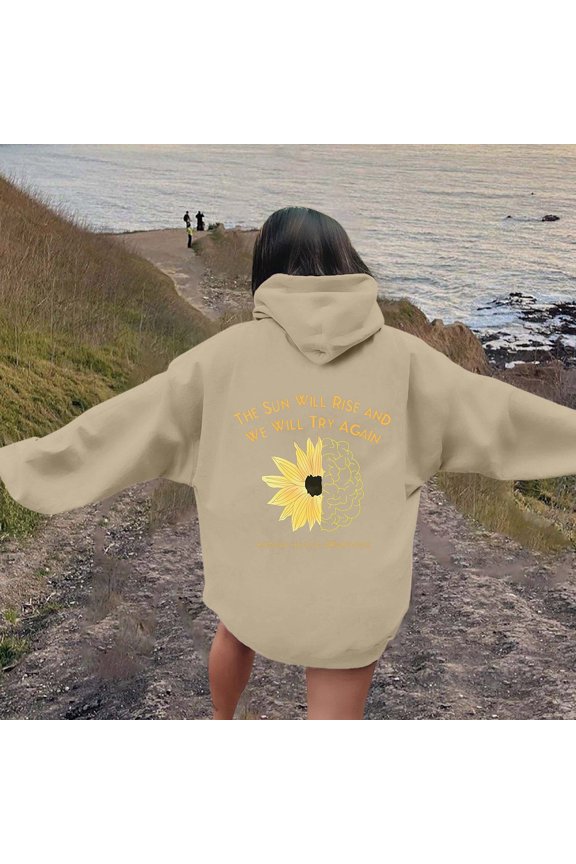 Womens Hoodies Oversized Sunflower Print Hooded Long Sleeve Cozy Pullover Top for Everyday Wear Sweatshirts for Women Beige M