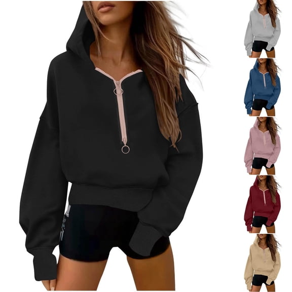 Womens Hoodies Oversized Sweatshirts Casual Long Sleeve Half Zipper Pocket Hooded Black Sweater Jacket Sizes S-2XL
