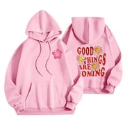 OUSVTION Womens Hoodies Oversized Sweatshirts Juniors Teens Cute Pink Palm Puff Graphic Pullover Fleece Sweaters Long Sleeve Drawstring Hooded Winter Fall Outfits Fashion Y2k Clothes Outfits