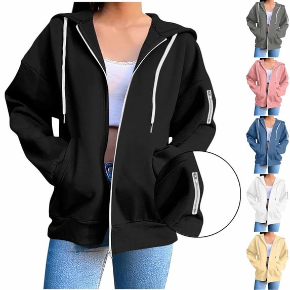 Womens Hoodies Oversized Sweatshirts Loose Long Sleeve Blouses Zipper Pocket Weatshirt Winter Fall Outfits Fashion Clothes Black 2XL