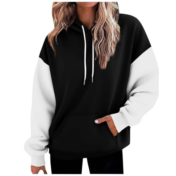 Womens Hoodies Oversized Sweatshirts Pullover Fleece Lined Drop Shoulder Long Sleeve Hooded Sweaters Fashion Drawstring Colorblock Tunics Hoodie Sweatshirt Juniors Girls Y2K Clothes with Pocket
