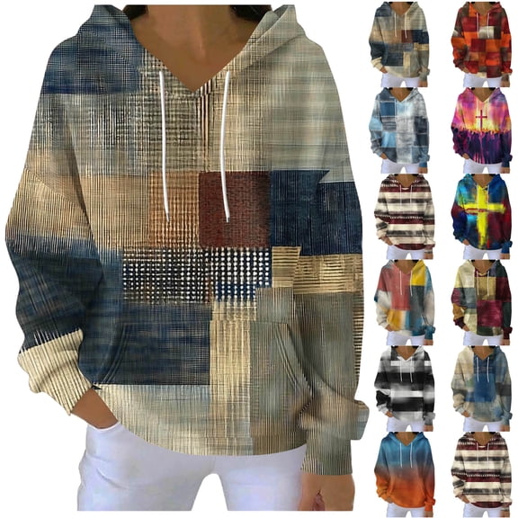 Womens Hoodies Oversized Sweatshirts Pullover Fleece Sweaters Women's Printing Blouses Long Sleeve Pockets Casual Fashion Hooded Sweatshirt Up to 35% Khaki M