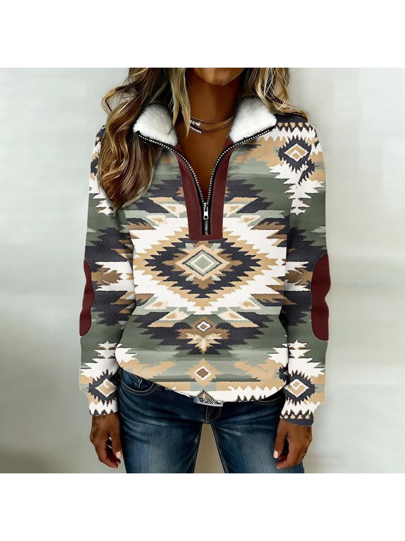 Womens Hoodies Pill Resistant Durable Aztec Print Long Sleeve Collared Quarter Zip Loose Pullover Sweatshirt Sweatshirts for Women Dark Green L