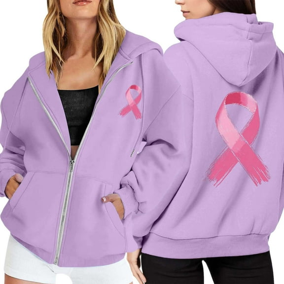 Womens Hoodies Plus Size Quarter Zip Sweatshirt Winter Gym Outfit Women's Zip Up Hoodie Pullover Cancer Awareness Month Long Sleeve Pocket Drawstring Casual Sweatshirt For Everyday Wear