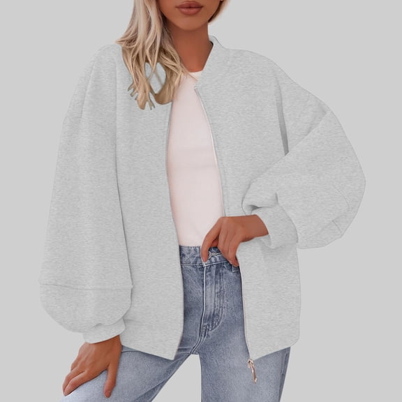 Womens Hoodies Plus Size, Women's Solid Color Double Pocket Long Sleeved Zipper Hoodless Stand-Up Collar Casual Outwear, Gray L