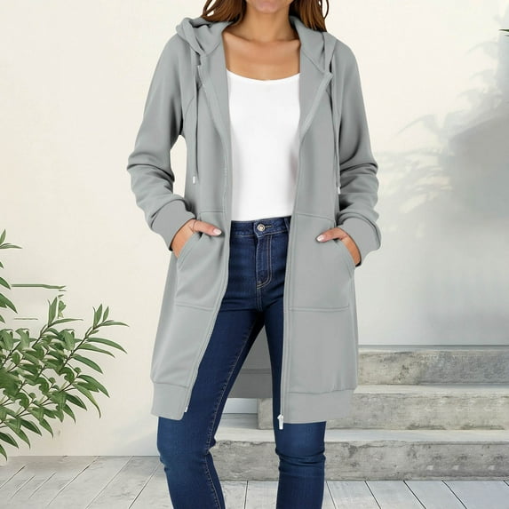 Womens Hoodies Plus Size, Women's Solid Color Jacket Thickening And Fleece And Winter Casual Zipper Long Sleeve Pocket Hooded Long Sweater, Gray XL