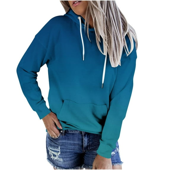 Womens Hoodies Polyester Cotton Hooded Sweatshirt Long Sleeve Pocket Gradient Color Drawstring Hoodie Pullovers (S, Blue 01)