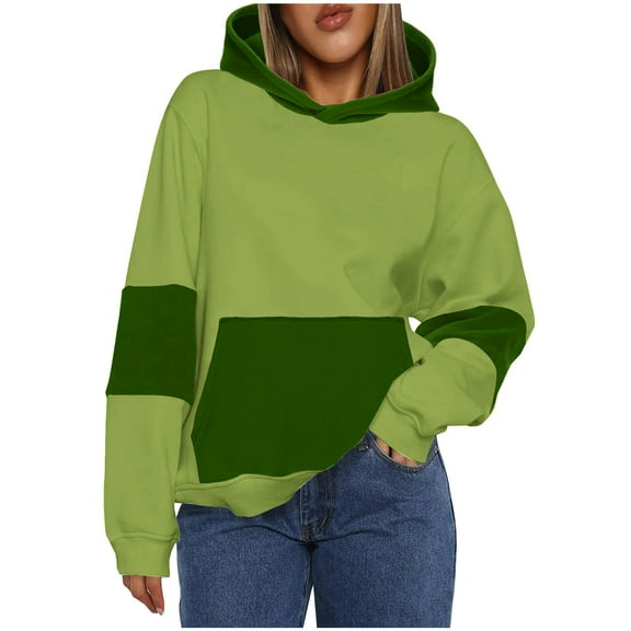 Womens Hoodies Pullover Color Block Baggy Hooded Sweatshirt Casual Loose Long Sleeve Top with Hood (Green 2XL )