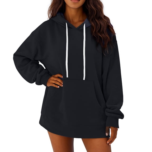 Womens Hoodies Pullover Comfy Hooded Oversized Long Sweatshirts Ladies Casual Fall Sweaters Tops with Pockets Black XL