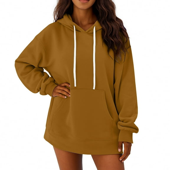 Womens Hoodies Pullover Comfy Hooded Oversized Long Sweatshirts Ladies Casual Fall Sweaters Tops with Pockets Brown XL