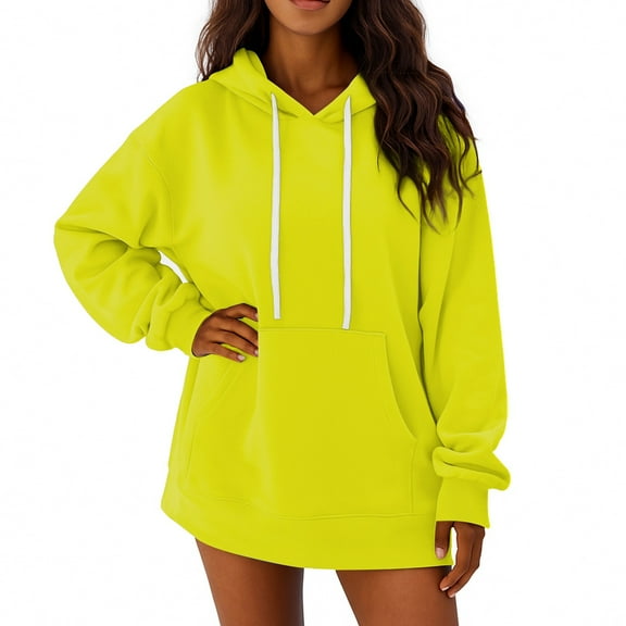 Womens Hoodies Pullover Comfy Hooded Oversized Long Sweatshirts Ladies Casual Fall Sweaters Tops with Pockets Fluorescence Yellow M