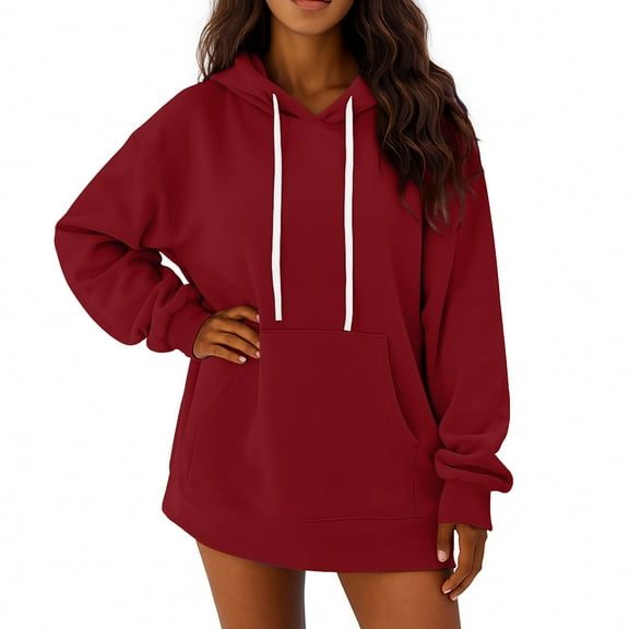 Womens Hoodies Pullover Comfy Hooded Oversized Long Sweatshirts Ladies Casual Fall Sweaters Tops with Pockets Wine XL