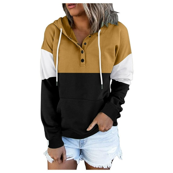Womens Hoodies Pullover Drawstring Tops Button Down Long Sleeve With Pocket Lightweight Hooded Sweatshirts Yellow L