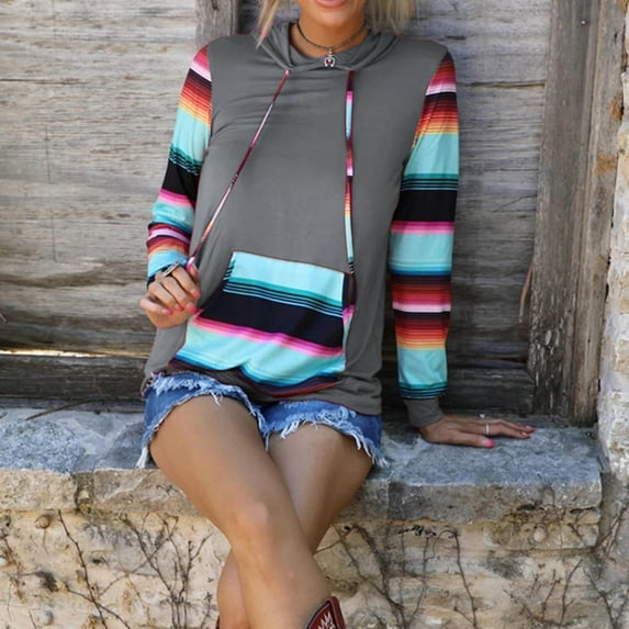 Womens Hoodies Pullover Lightweight Color Block Hooded Sweatshirt Fashion Casual Loose Long Sleeve Top Hood (Gray L)