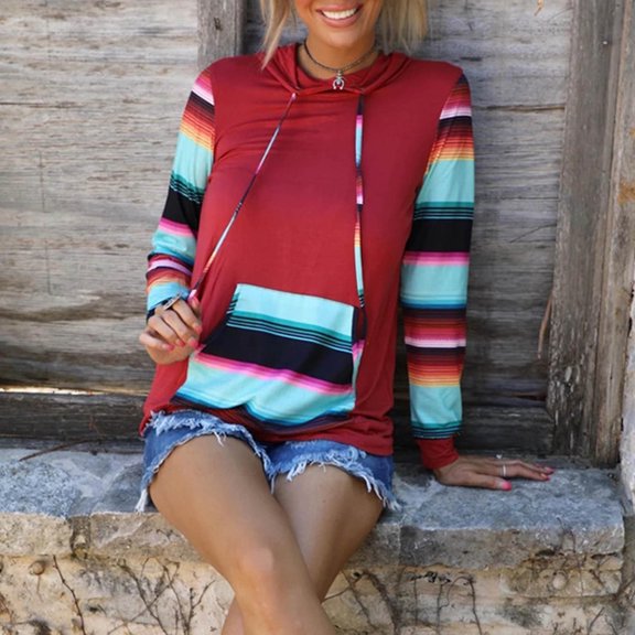 Womens Hoodies Pullover Lightweight Color Block Hooded Sweatshirt Fashion Casual Loose Long Sleeve Top Hood (Red 2XL)