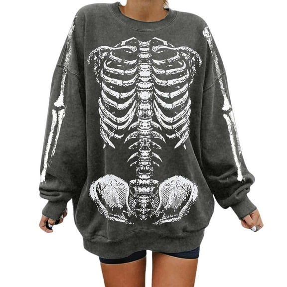 Womens Hoodies Pullover Skeleton Hoodies Oversized Pullover Mid-Length Sweatshirt Casual Streetwear Women's Fashion Hoodies & Sweatshirts Grey1 L