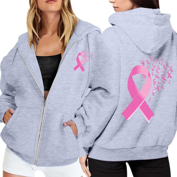 Womens Hoodies Seamless Pullover Hoodie Workout Look Women's Zip Up Hoodie Pullover Cancer Awareness Month Long Sleeve Pocket Drawstring Casual Sweatshirt For Everyday Wear