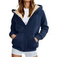 thumbnail image 1 of Womens Hoodies Solid Color Casual Sports Winter Zip Up Lined Hooded Jacket With Pockets Navy M, 1 of 5