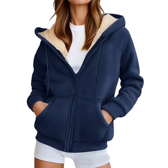 Womens Hoodies Solid Color Casual Sports Winter Zip Up Lined Hooded Jacket With Pockets Navy M