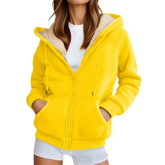 Womens Hoodies Solid Color Casual Sports Winter Zip Up Fleece Lined Hooded Jacket With Pockets Yellow 3XL