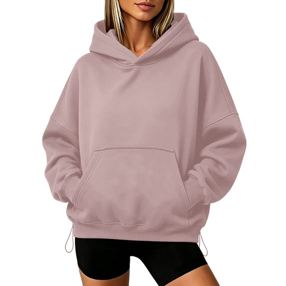 Womens Hoodies Solid Long Sleeve Pullover Sweatshirt Tops Casual Waist Cinching Cropped Outfits Fall Winter Apparel
