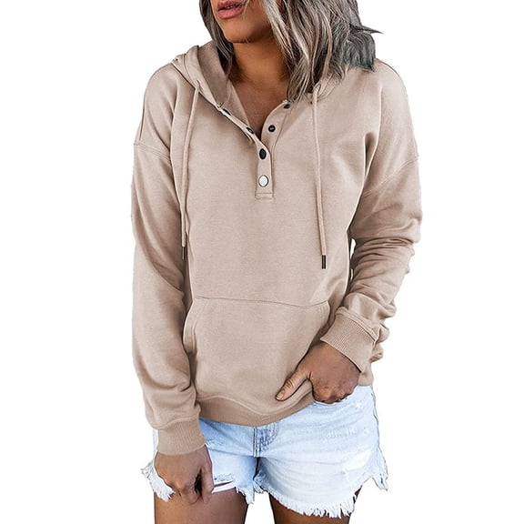 Womens Hoodies Sweater Button Collar Drawstring Hooded Pullover Sweatshirt Knit V Neck Casual Long Sleeve Fall Tops Shirts with Pockets