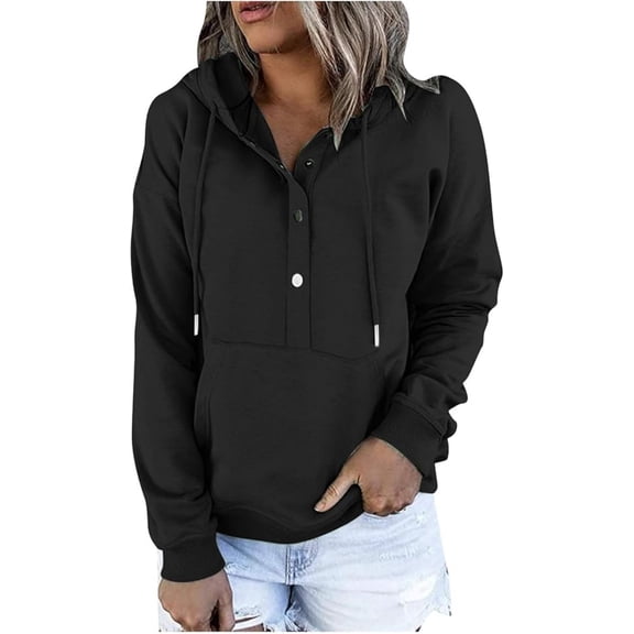 Womens Hoodies Sweater Button Collar Drawstring Hooded Pullover Sweatshirt Knit V Neck Casual Long Sleeve Fall Tops Shirts with Pockets