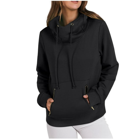 Womens Hoodies Sweatshirts Fashion Cowl Neck Long Sleeve Hooded Pullovers Tops Fall Winter Solid Color Loose Outfits with Pocket