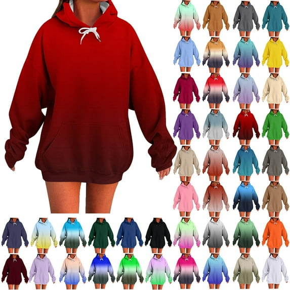 Womens Hoodies Sweatshirts Women's Trendy Winter Long Sleeve Solid Color Casual Loose Hooded Tops Pullover Blouse Red L